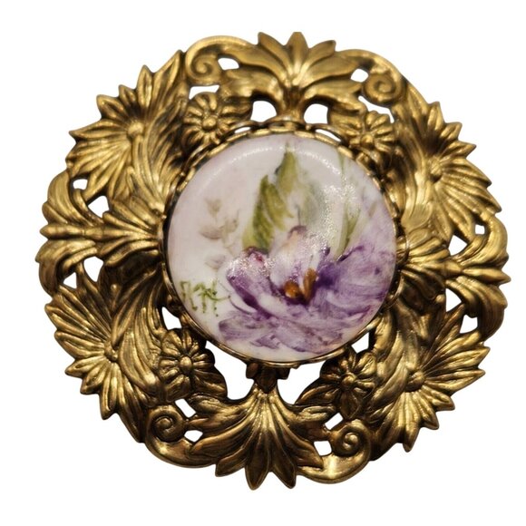 Vintage Hand Painted Porcelain Floral Brooch Gold Tone Filigree Setting 1.9" D - Picture 2 of 6